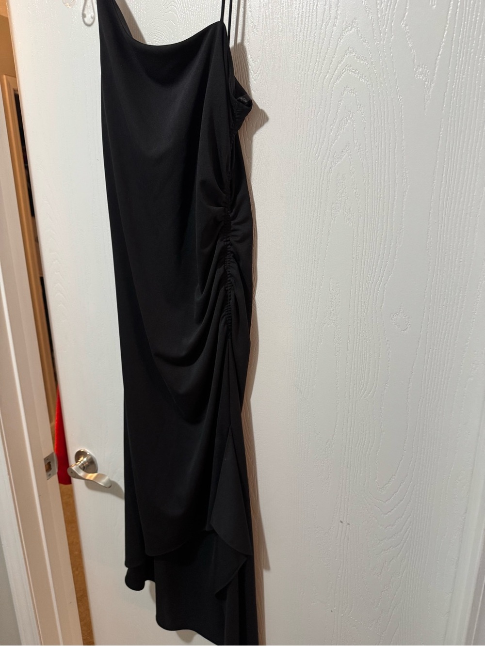 Black Niki Asymmetric Slip Dress with Side Ruching